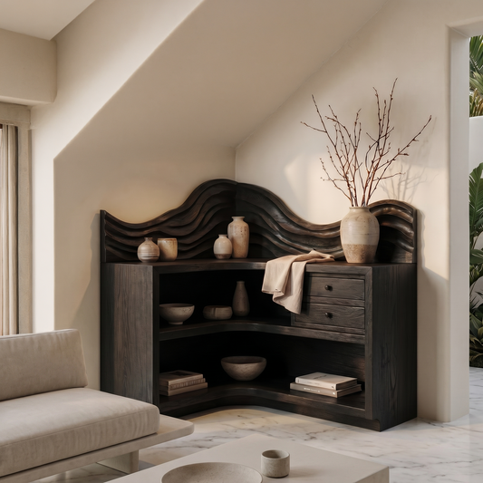 Rustic Corner Bookshelf With Arched Open Shelves And Drawer Storage For Living Room And Bedroom