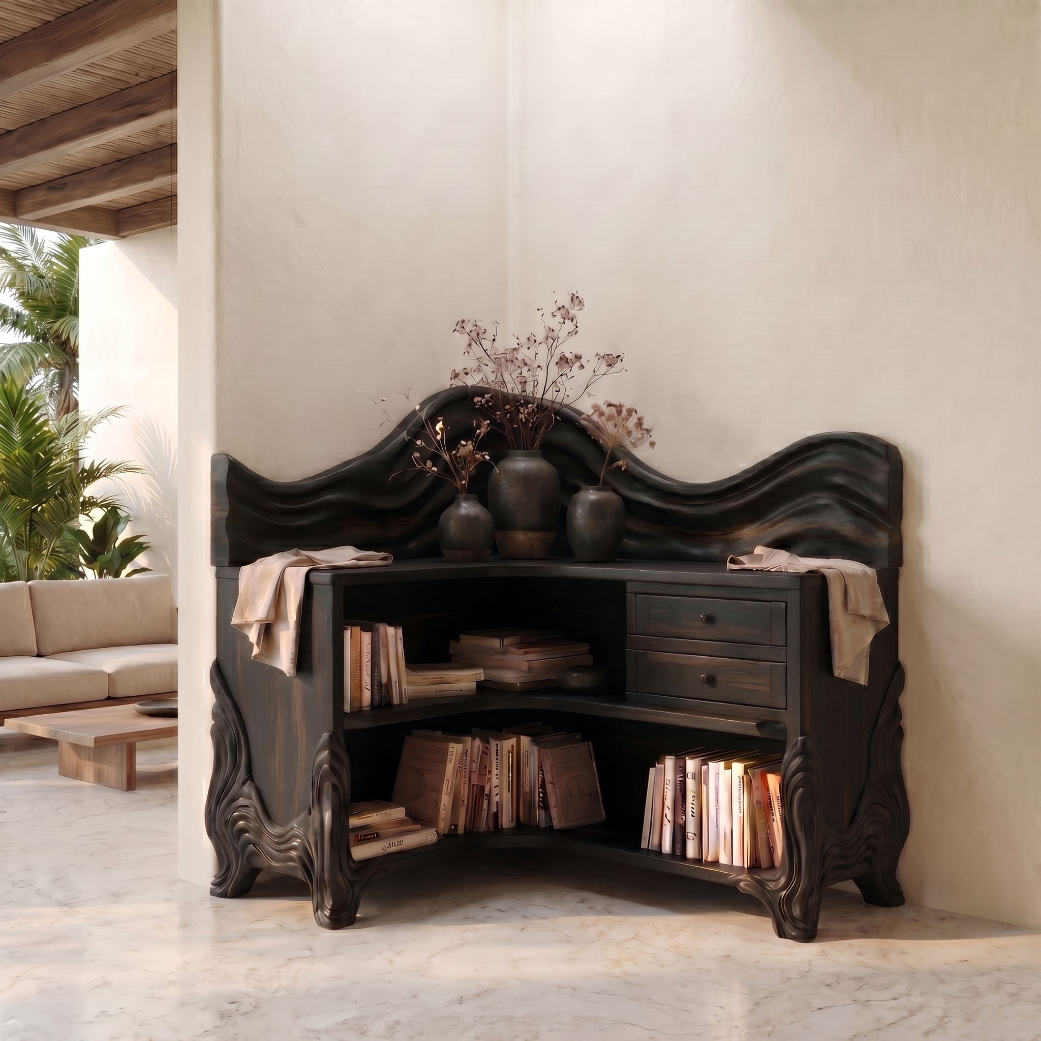 Rustic Wave Top Corner Bookshelf With Sculptural Wooden Shelves And Open Storage For Living Room And Bedroom