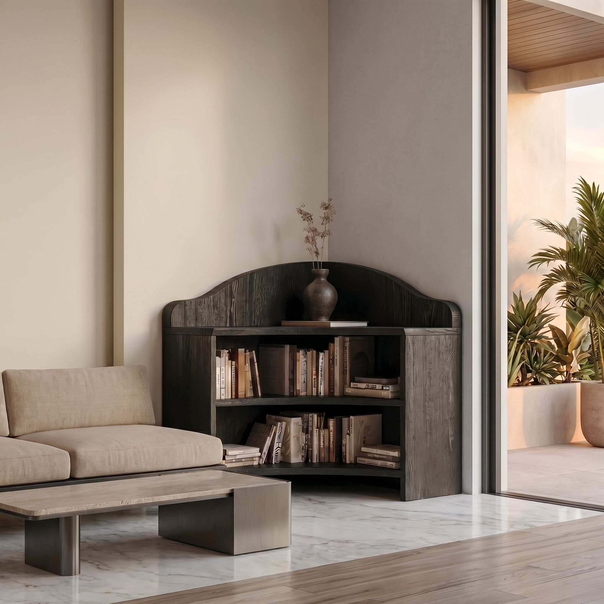 Minimal Corner Bookshelf With Clean Wooden Structure For Living Room