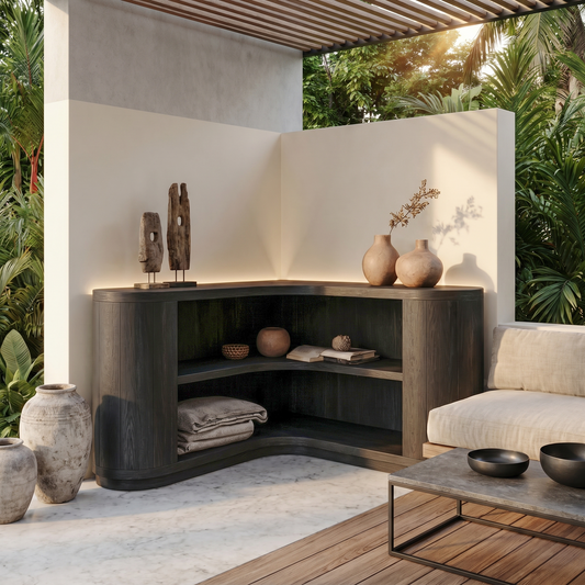 Scandinavian Corner Bookshelf With Simple Wooden Structure For Living Room