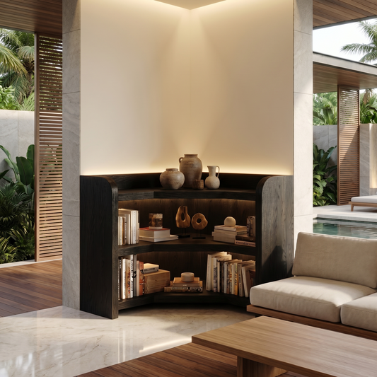 Natural Wooden Bookshelf With Rounded Edges And Open Shelves For Living Room And Bedroom