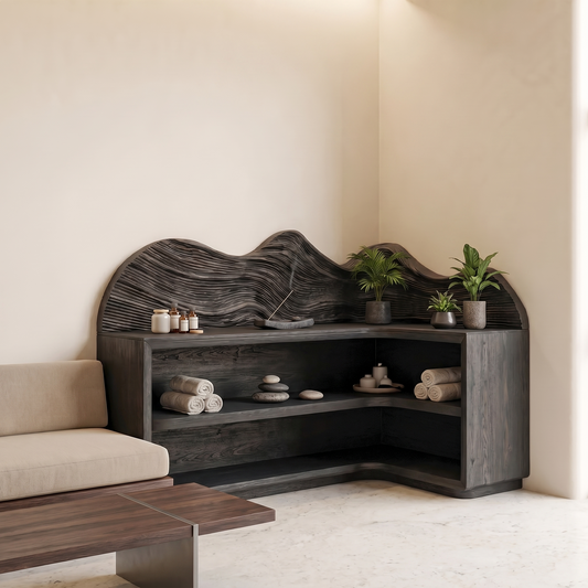 Contemporary Corner Bookcase With Sculptural Wooden Shelves For Living Room