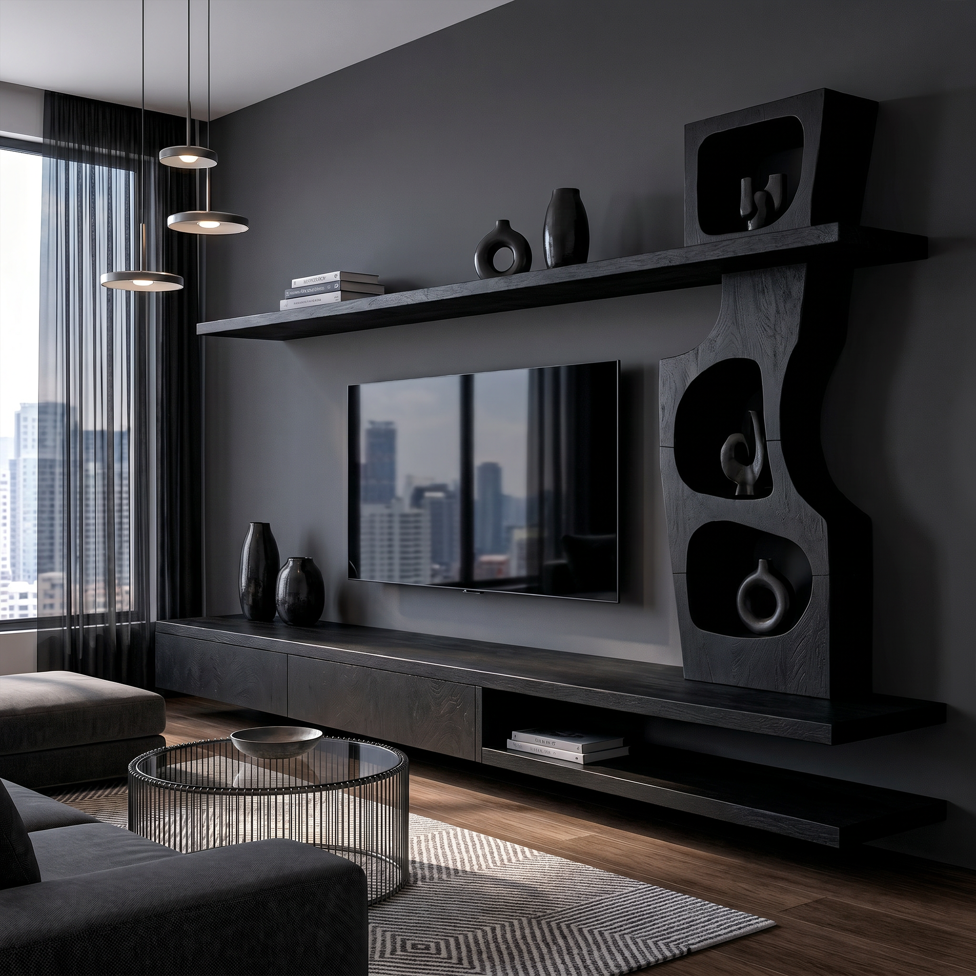 Sculptural TV Cabinet With Tree Inspired Storage Shelves For Living Room