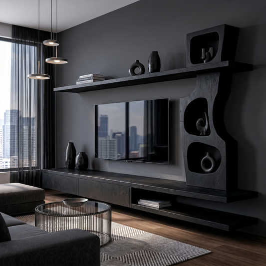 Sculptural TV Cabinet With Tree Inspired Storage Shelves For Living Room