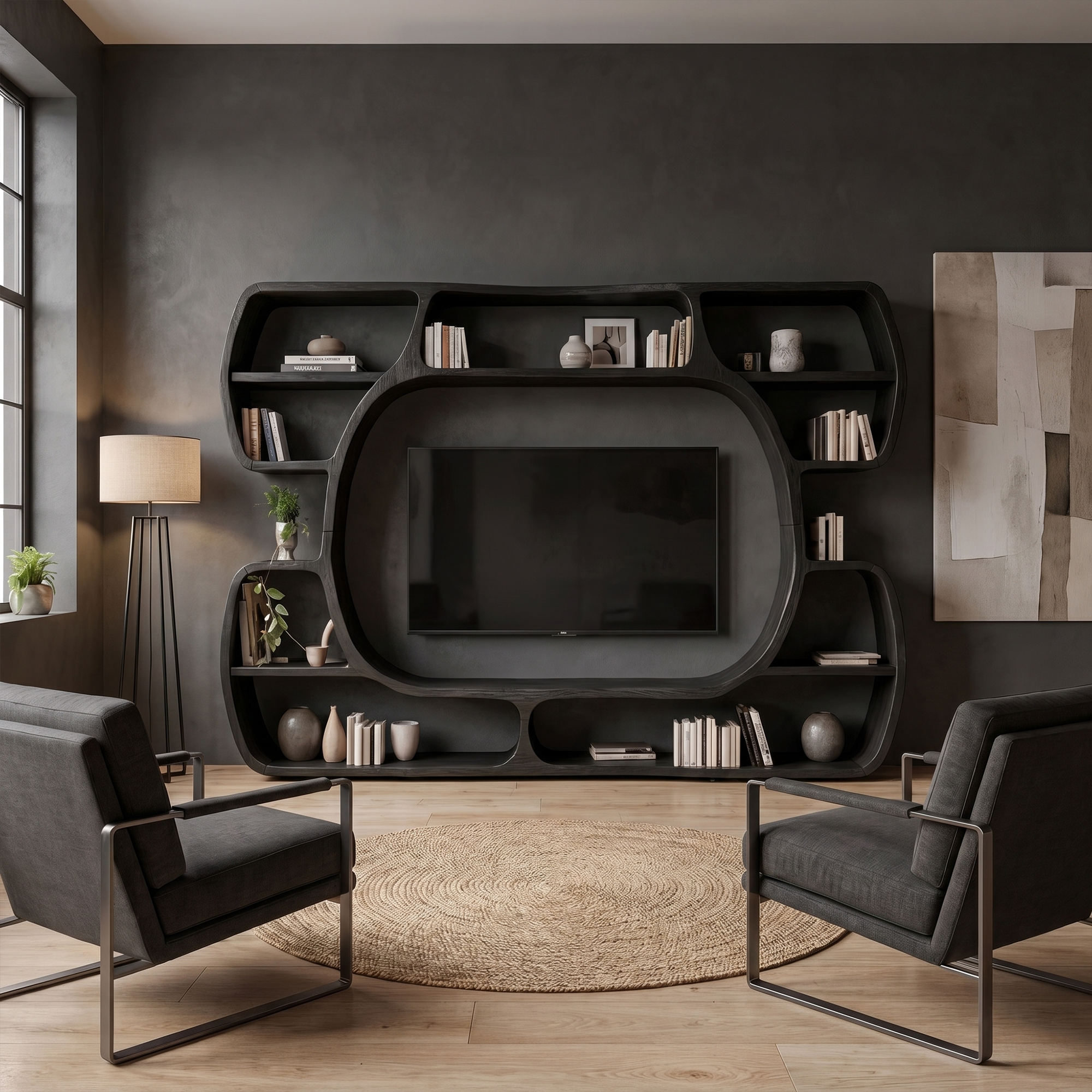 Organic Entertainment Center With Sculptural Surround Shelves For Living Room