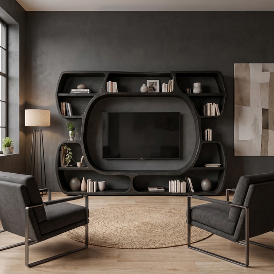 Organic Entertainment Center With Sculptural Surround Shelves For Living Room