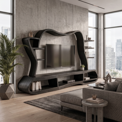 Modern Entertainment Center With Sculptural Curved Shelving For Living Room