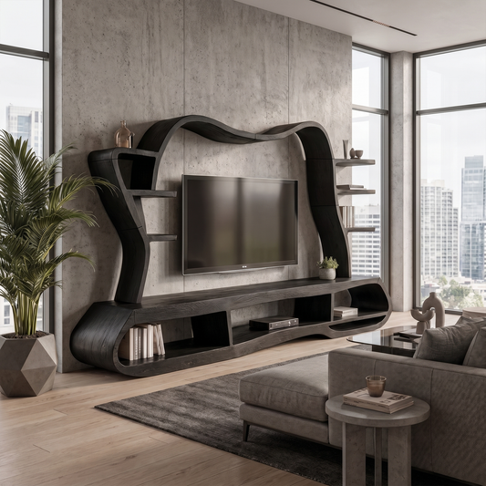 Modern Entertainment Center With Sculptural Curved Shelving For Living Room