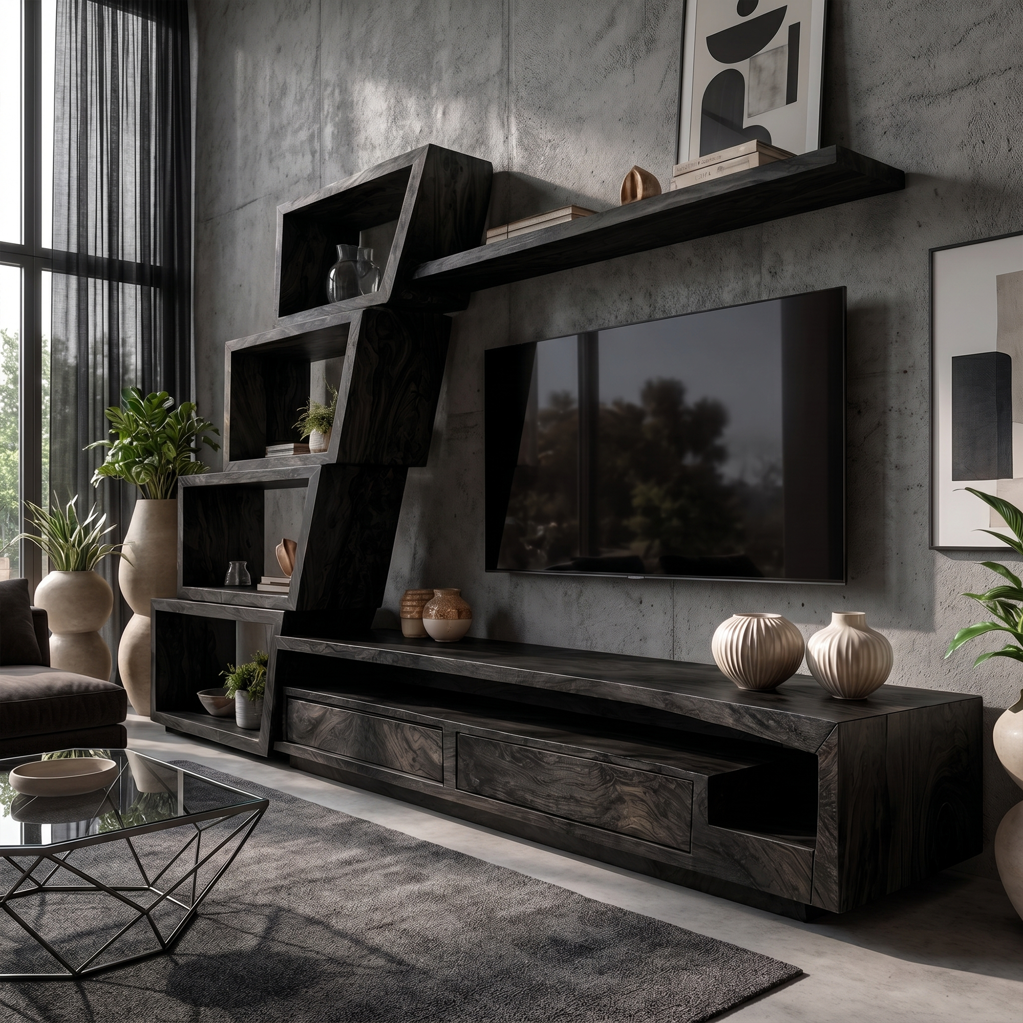 Organic TV Cabinet With Artistic Open Shelving System For Living Room