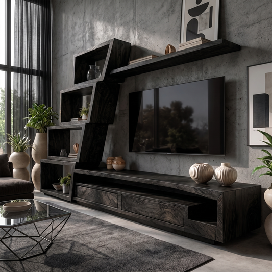Organic TV Cabinet With Artistic Open Shelving System For Living Room