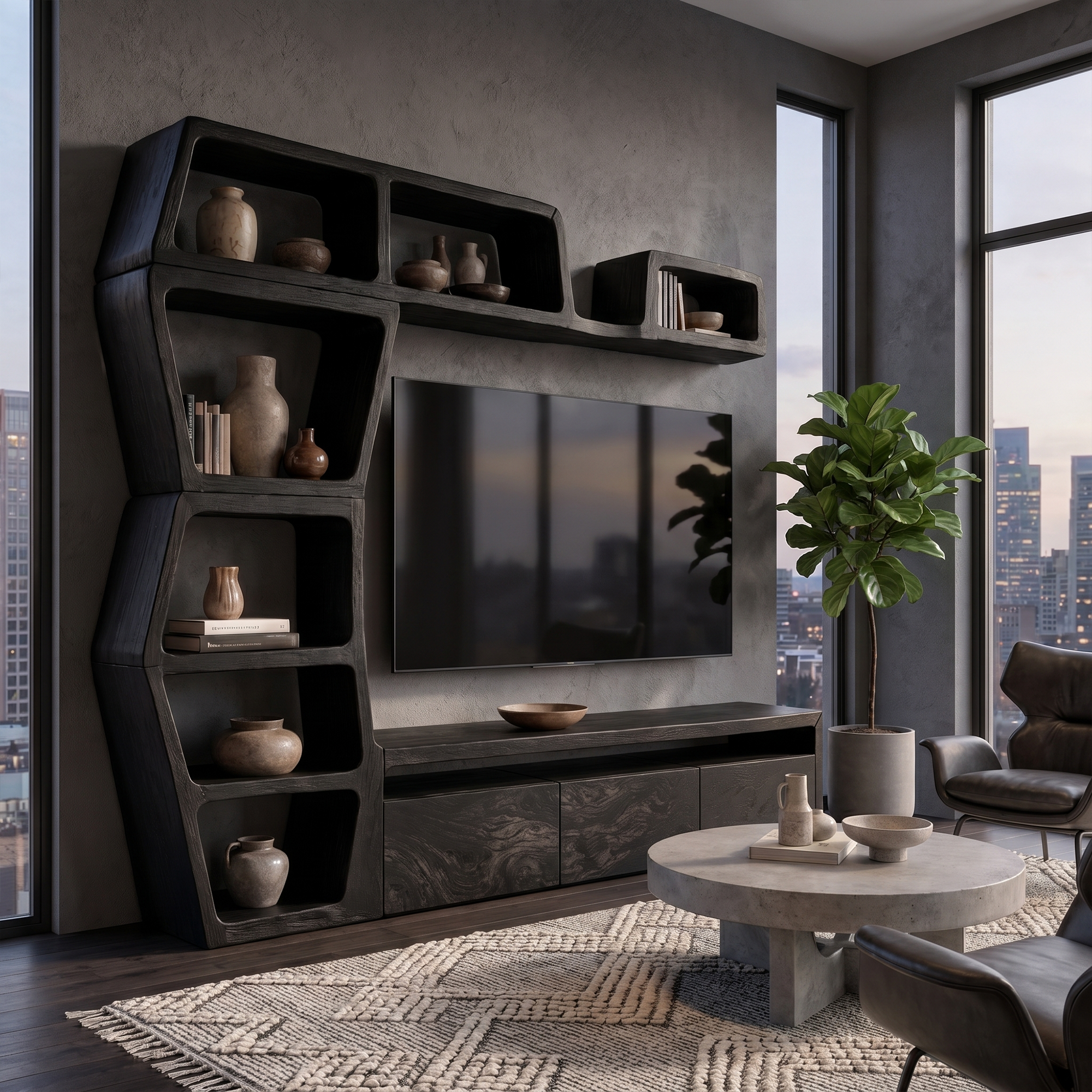 Contemporary Entertainment Center With Integrated Display Shelves For Living Room