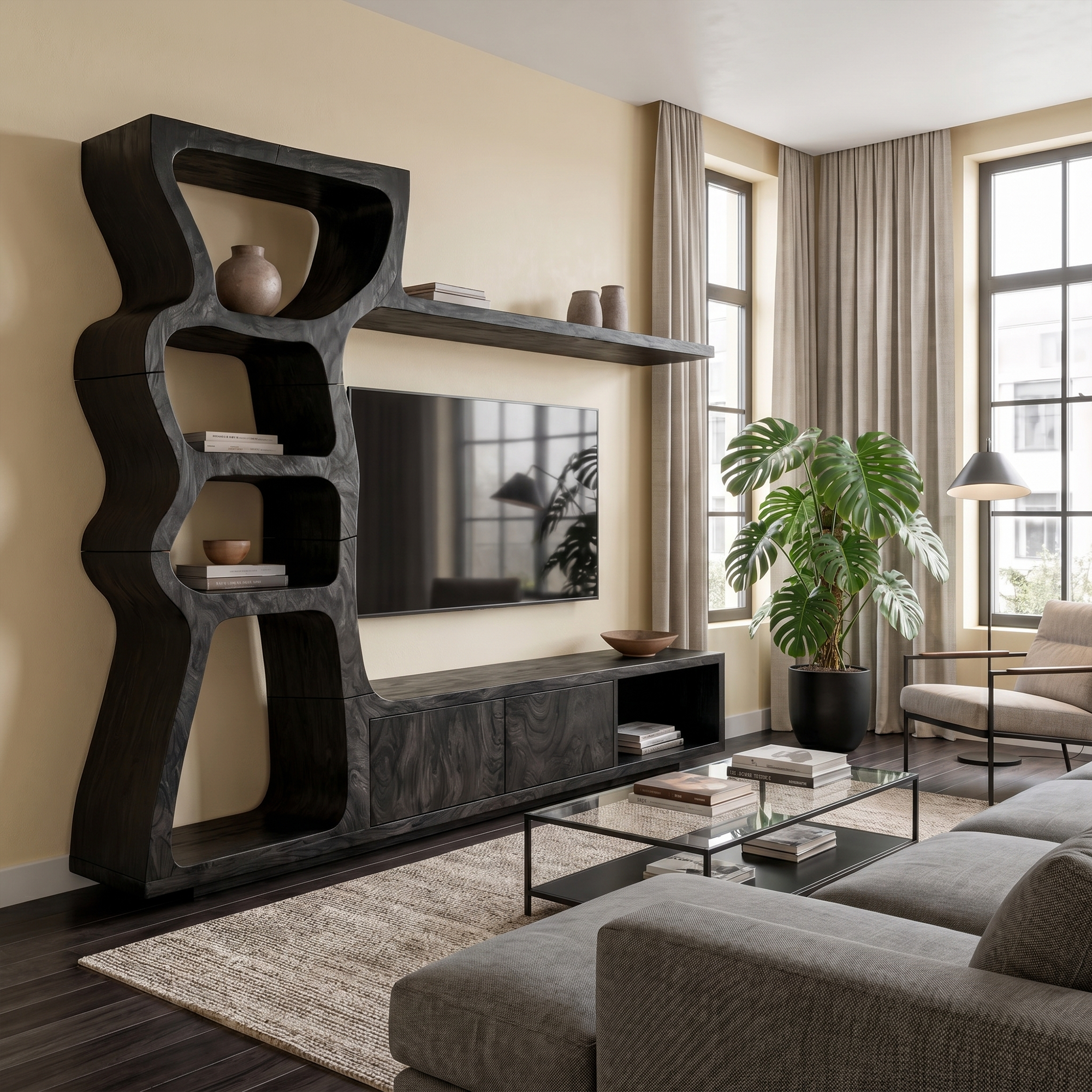 Modern TV Cabinet With Curved Built In Display Shelves For Living Room