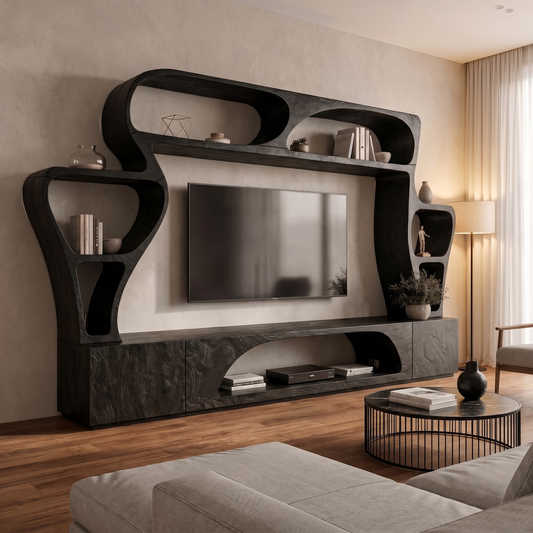 Statement TV Console With Sculptural Wall Storage System For Living Room