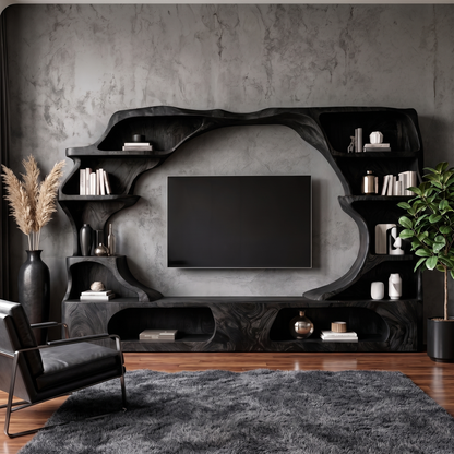 Nature Inspired Entertainment Center With Organic Display Shelves For Living Room