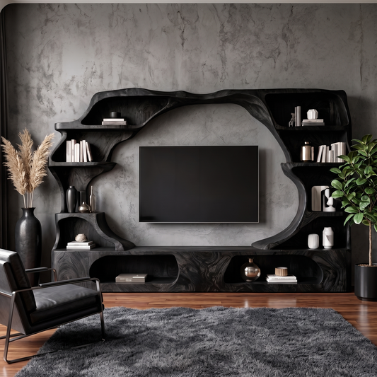 Nature Inspired Entertainment Center With Organic Display Shelves For Living Room