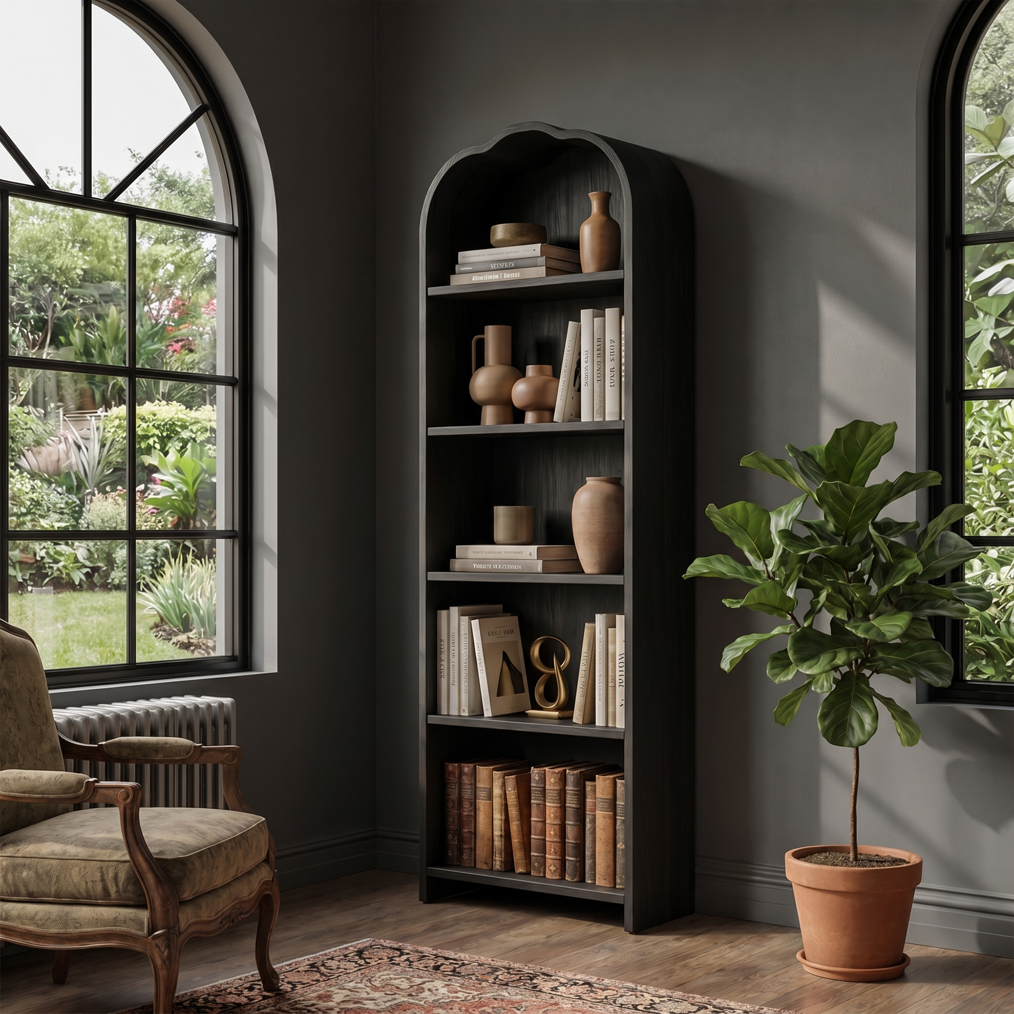 Rustic Arched Bookshelf With Solid Wood Frame And Open Display Shelves For Living Room