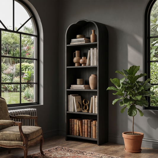 Rustic Arched Bookshelf With Solid Wood Frame And Open Display Shelves For Living Room