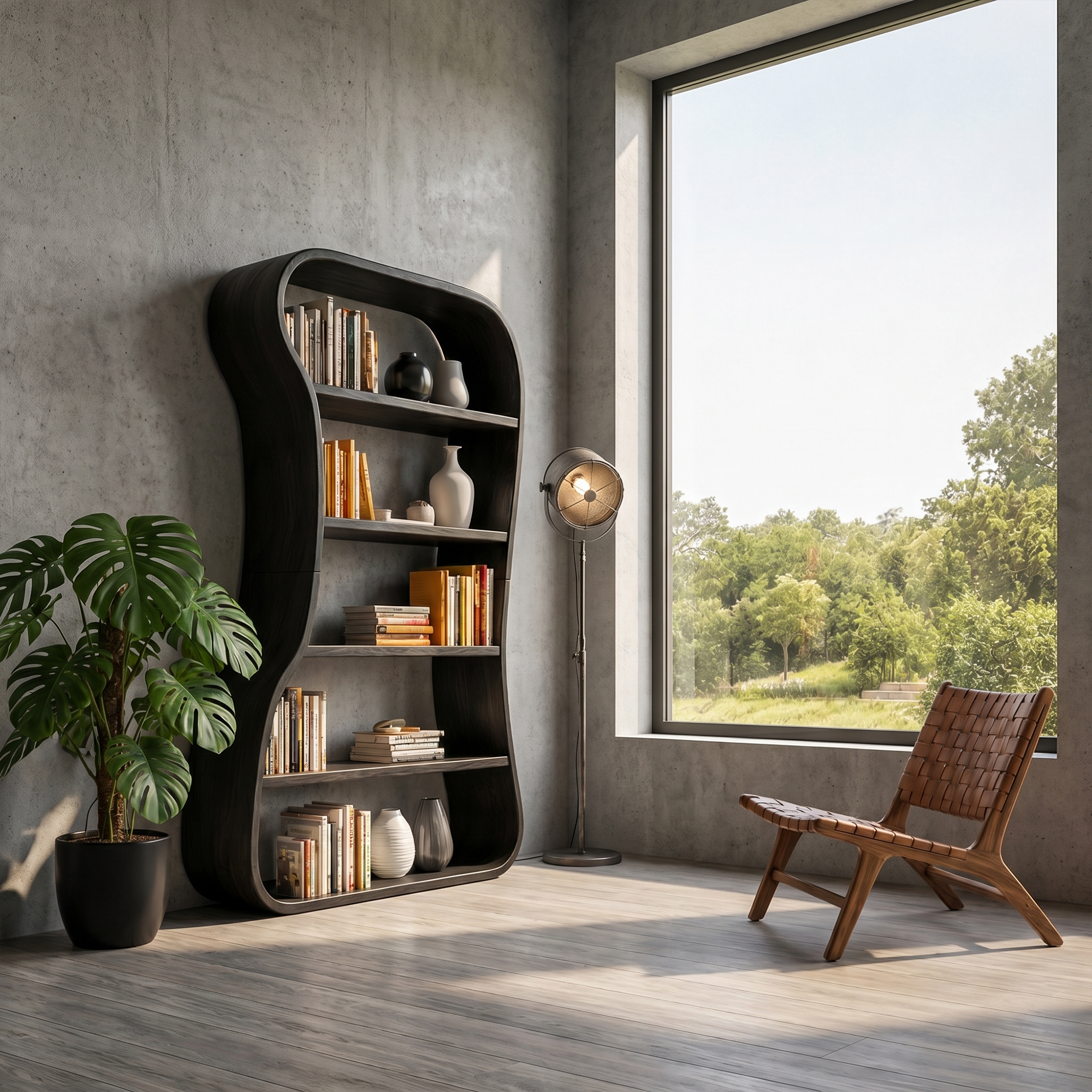Organic Bookshelf With Sculptural Curved Solid Wood Shelves For Living Room