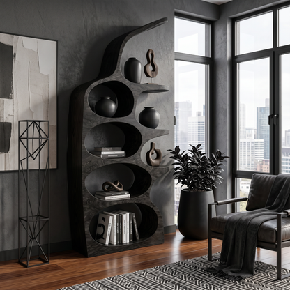 Modern Sculptural Bookshelf With Curved Open Shelves And Solid Wood Design For Living Room