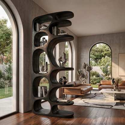 Minimalist Sculptural Bookshelf With Solid Wood Construction For Living Room