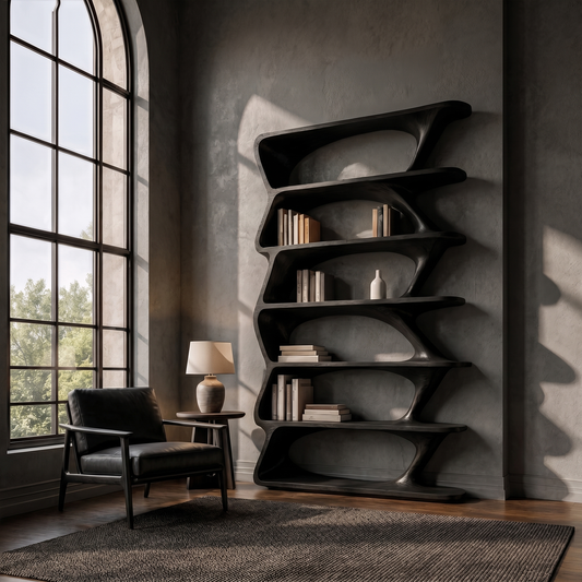 Modern Organic Bookshelf With Sculptural Asymmetrical Shelves And Solid Wood Frame For Living Room