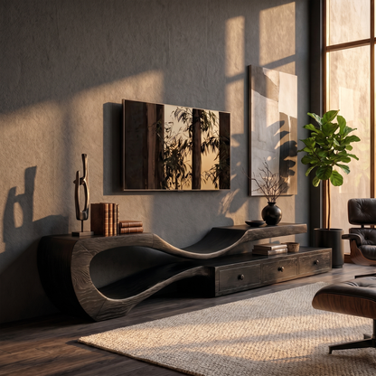 Modern TV Cabinet With Sculptural Curved Wood Base And Built In Storage Drawers For Living Room