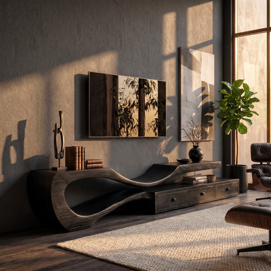 Modern TV Cabinet With Sculptural Curved Wood Base And Built In Storage Drawers For Living Room