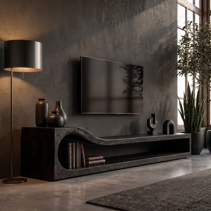 Organic TV Cabinet With Sculptural Wave Wood Base And Solid Wood Media Console For Living Room