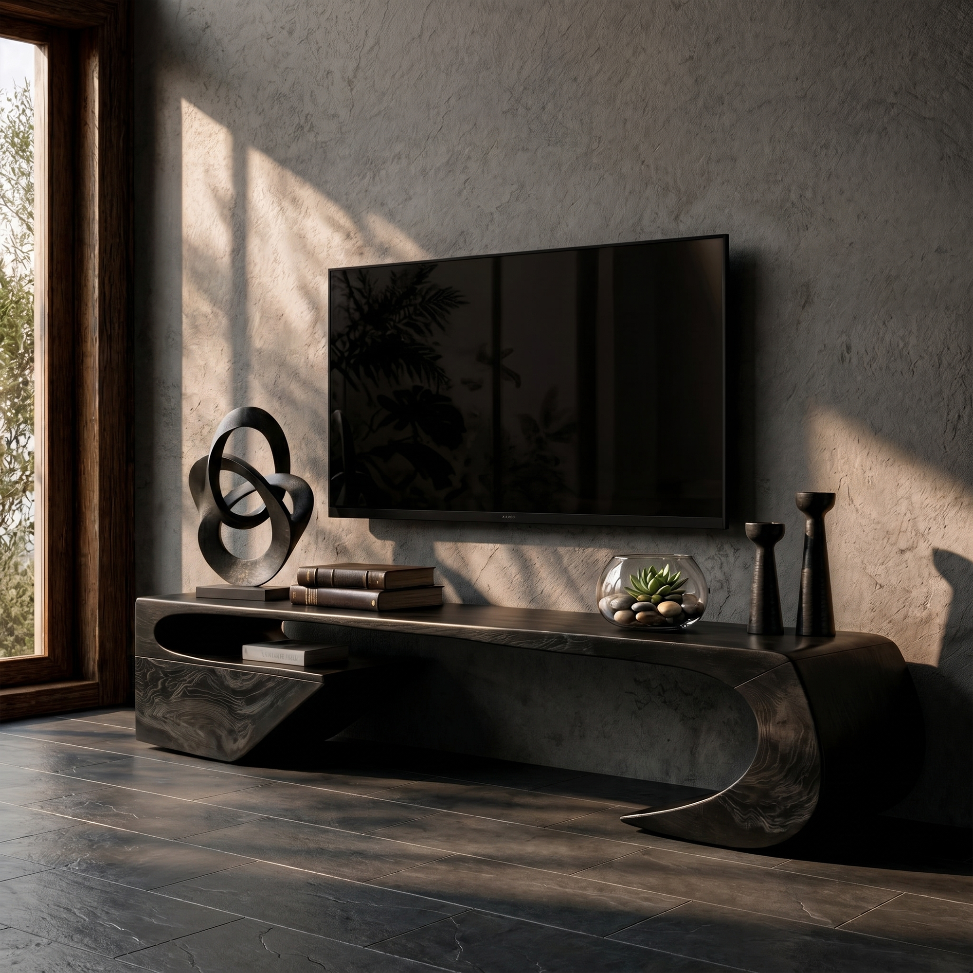 Japandi TV Cabinet With Sculptural Curved Wood Base And Solid Wood Media Console For Living Room