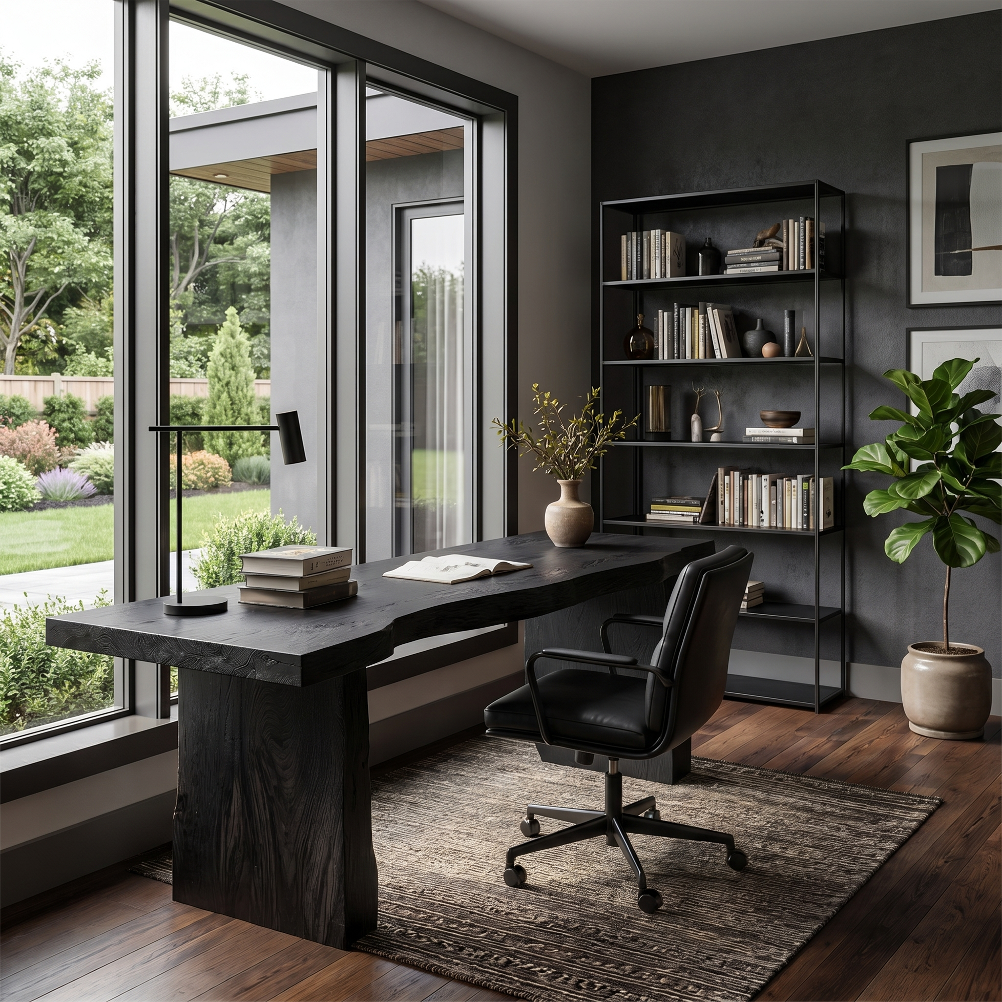 Rustic Desk With Live Edge Top And Sculptural Tree Stump Base For Home Office