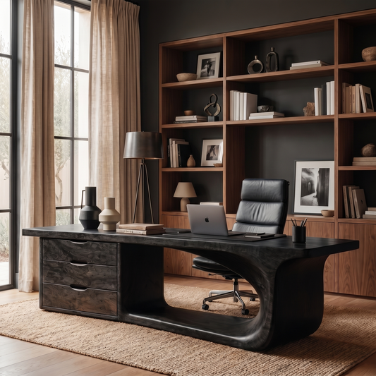 Rustic Executive Desk With Sculptural Solid Wood Base And Integrated Storage For Home Office