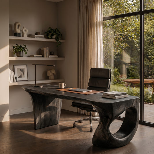 Contemporary Desk With Sculptural Loop Wood Base And Solid Wood Top For Home Office And Workspace