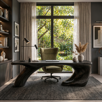 Modern Organic Desk With Sculptural Curved Wood Base And Solid Wood Top For Home Office And Workspace