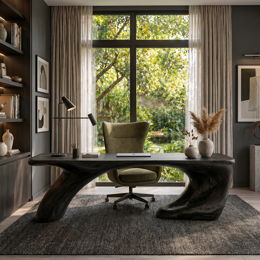 Modern Organic Desk With Sculptural Curved Wood Base And Solid Wood Top For Home Office And Workspace