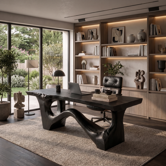 Organic Sculptural Desk With Asymmetrical Wood Base And Solid Wood Top For Home Office And Workspace
