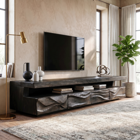 Modern TV Stand With Hand Carved Solid Wood Front And Media Storage For Living Room