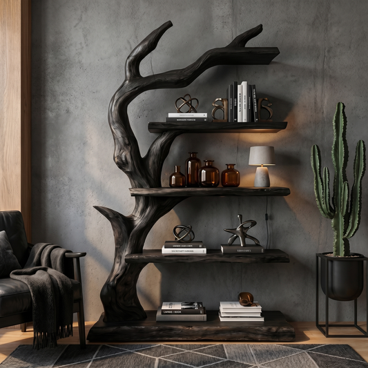 Rustic Tree Bookshelf With Handcrafted Branch Design And Open Display Shelves For Living Room