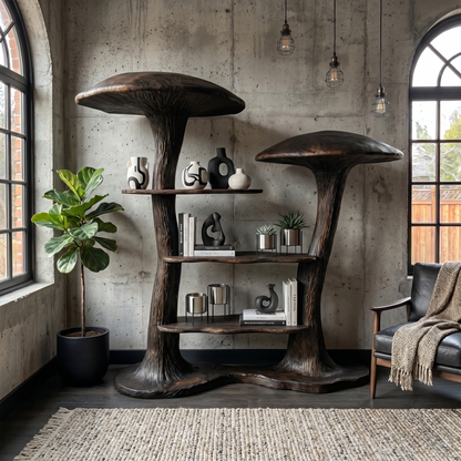 Organic Modern Mushroom Bookcase With Sculptural Solid Wood Form For Living Room