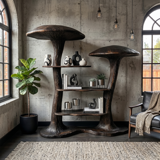 Organic Modern Mushroom Bookcase With Sculptural Solid Wood Form For Living Room