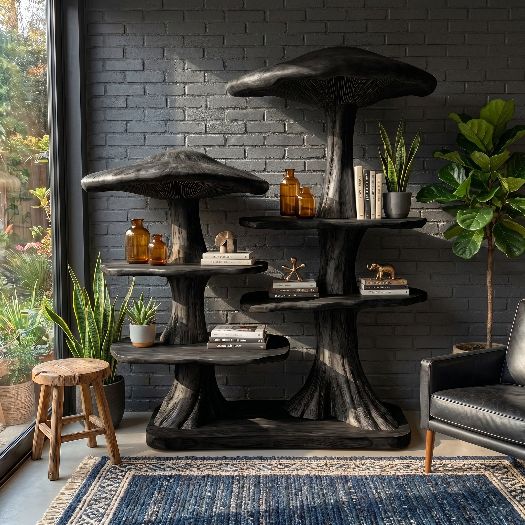 Mushroom Tree Bookshelf With Handcrafted Solid Wood Structure For Reading Corner