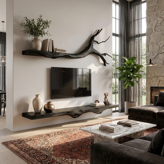 Set 2 Pieces Rustic Floating Wall TV Console Solid Wood Bedroom Living