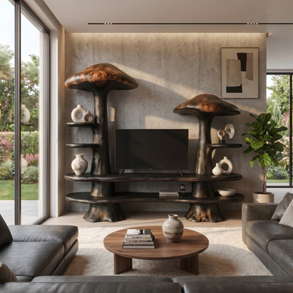 Rustic Mushroom TV Cabinet With Open Display Storage And Media Console For Living Room
