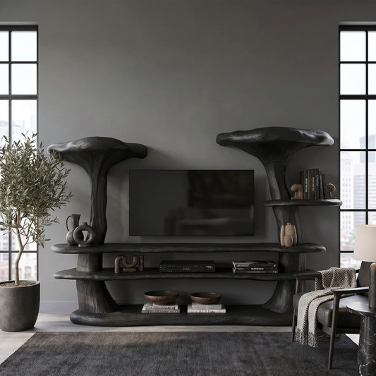Organic Mushroom TV Stand With Sculptural Solid Wood Design For Living Room