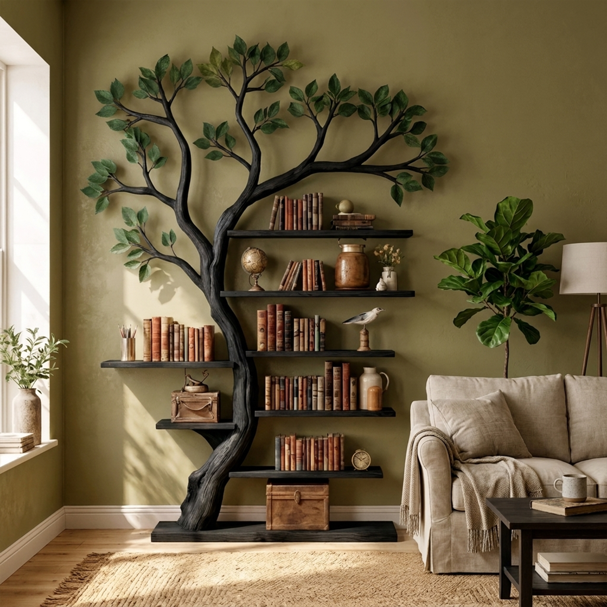 Rustic Tree Bookshelf Living Room Office Artistic Wall Display