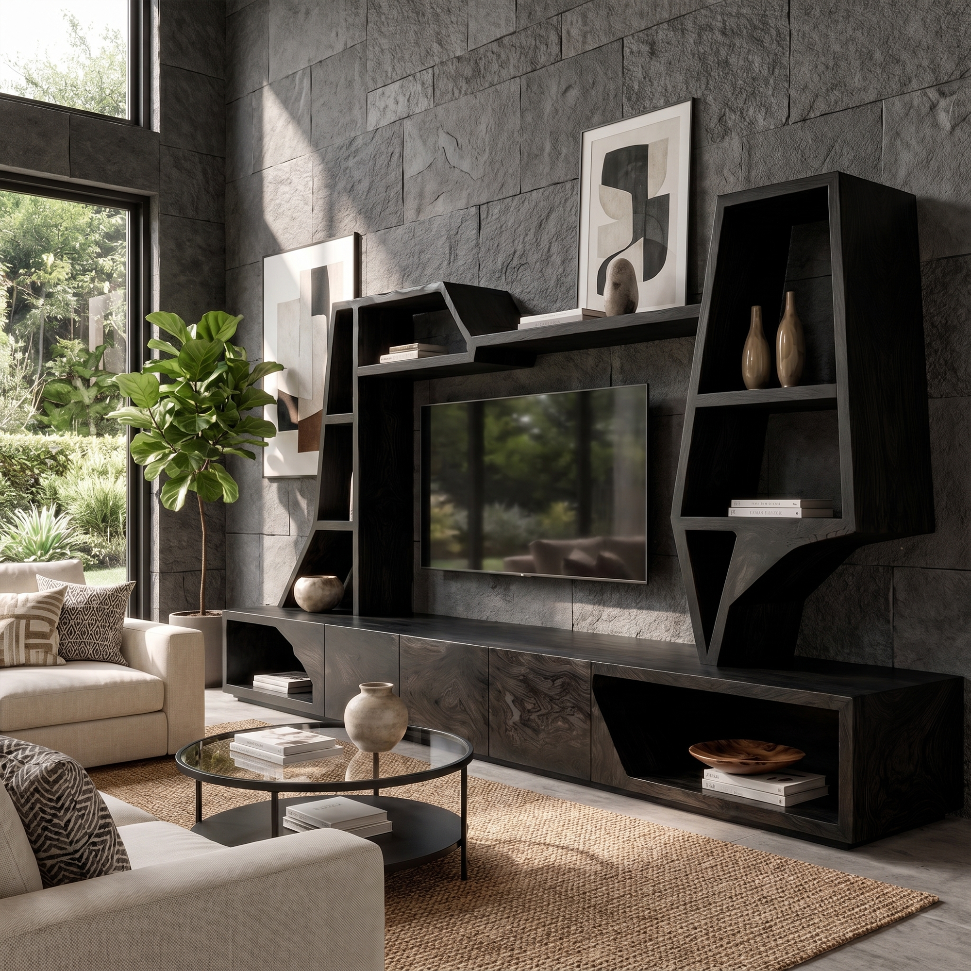 Organic TV Cabinet With Sculptural Branch Shelving And Wall Mounted Storage For Living Room