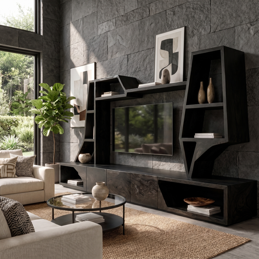 Organic TV Cabinet With Sculptural Branch Shelving And Wall Mounted Storage For Living Room