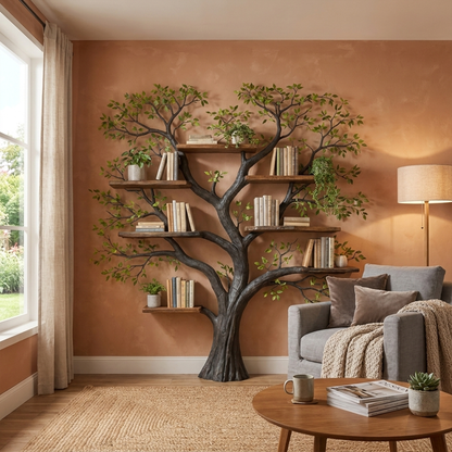 Handcrafted Tree Storage Bookcase Living Room Interior Living Wall Feature