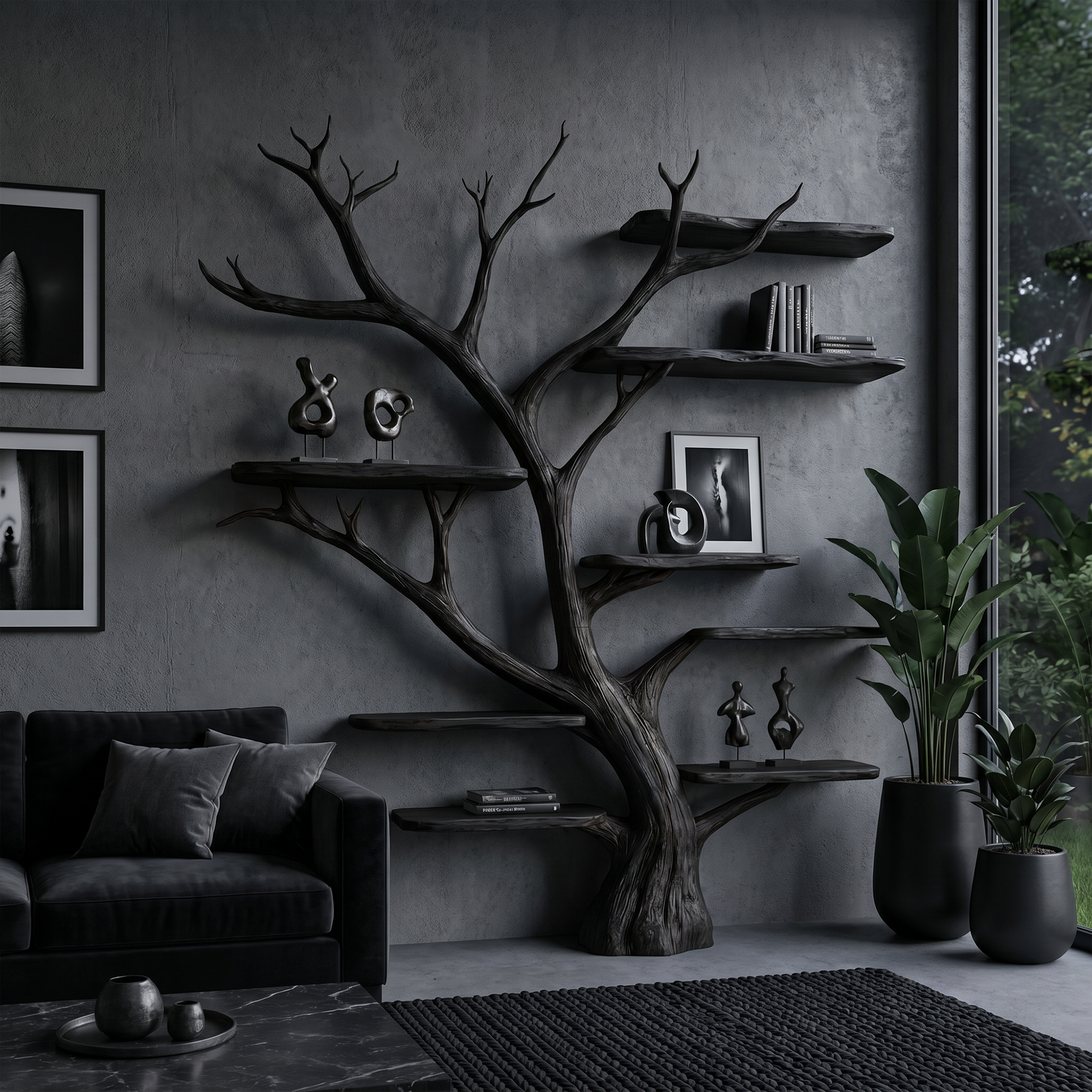 Rustic Tree Wall Bookshelf Entryway Study
