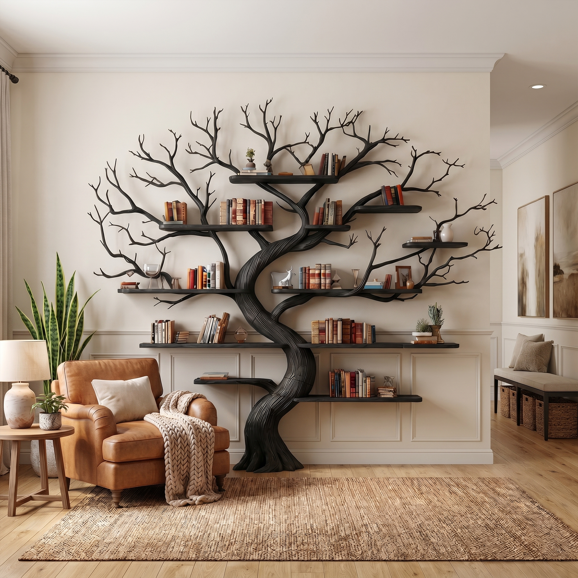 Rustic Tree Wall Bookshelf Bedroom Lounge