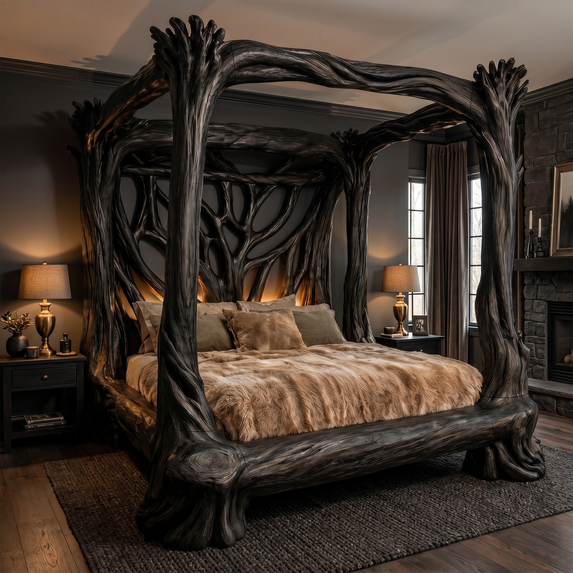 Organic Sculptural Canopy Bed With Handcrafted Tree Branch Wood Frame For Bedroom Decor